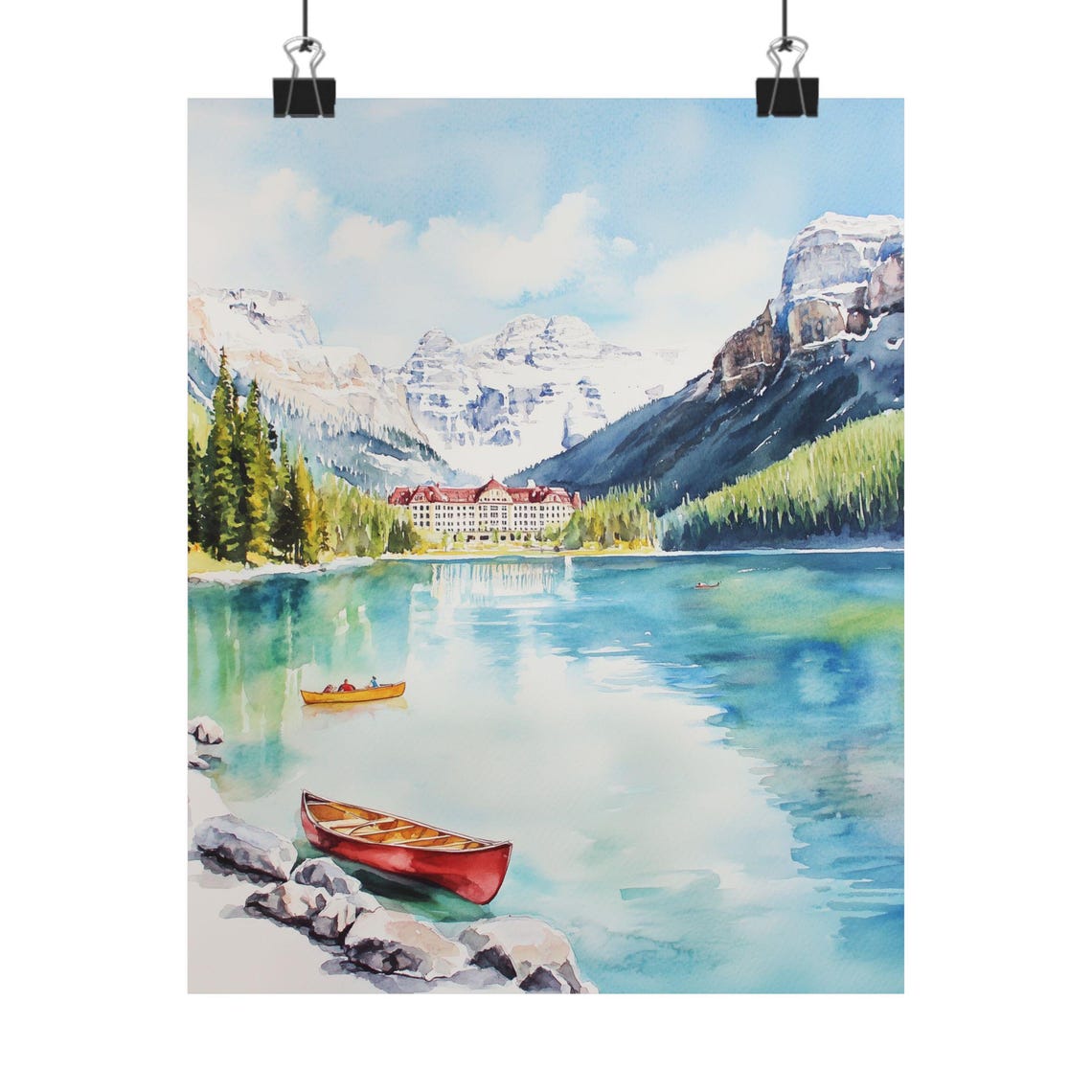 Lake Louise Red Canoe Beneath the Snowy Canadian Rockies Poster