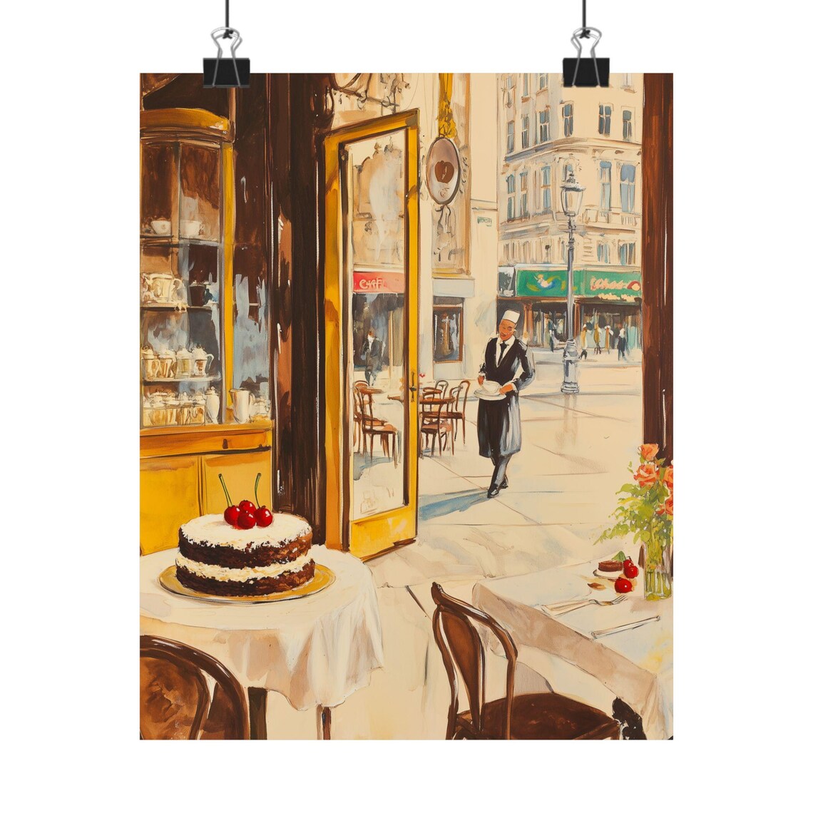 Viennese Cafe Interior with Cherry Cake and Waiter Painting Poster