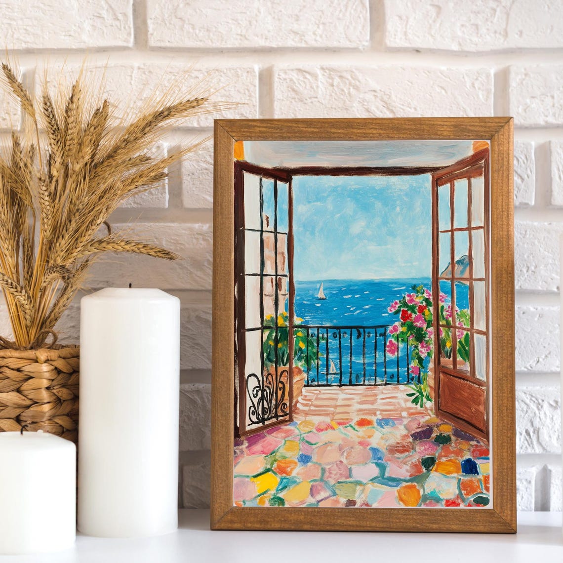 Mediterranean Terrace Doors Framing a Sailboat Sea View Poster - Image 2