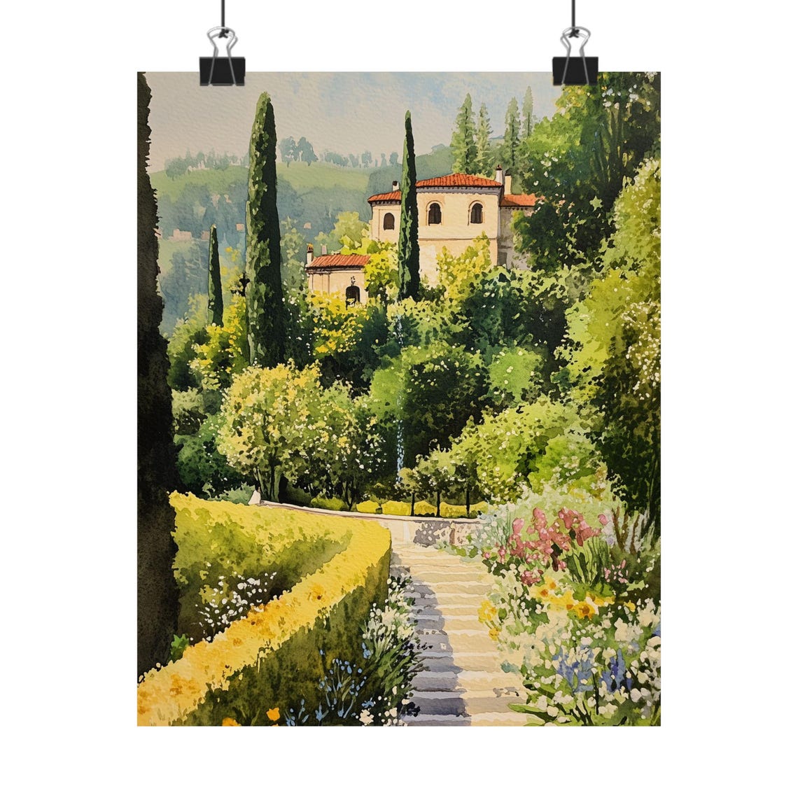 Italian Villa Hillside Garden Stone Steps Cypress Watercolor Poster