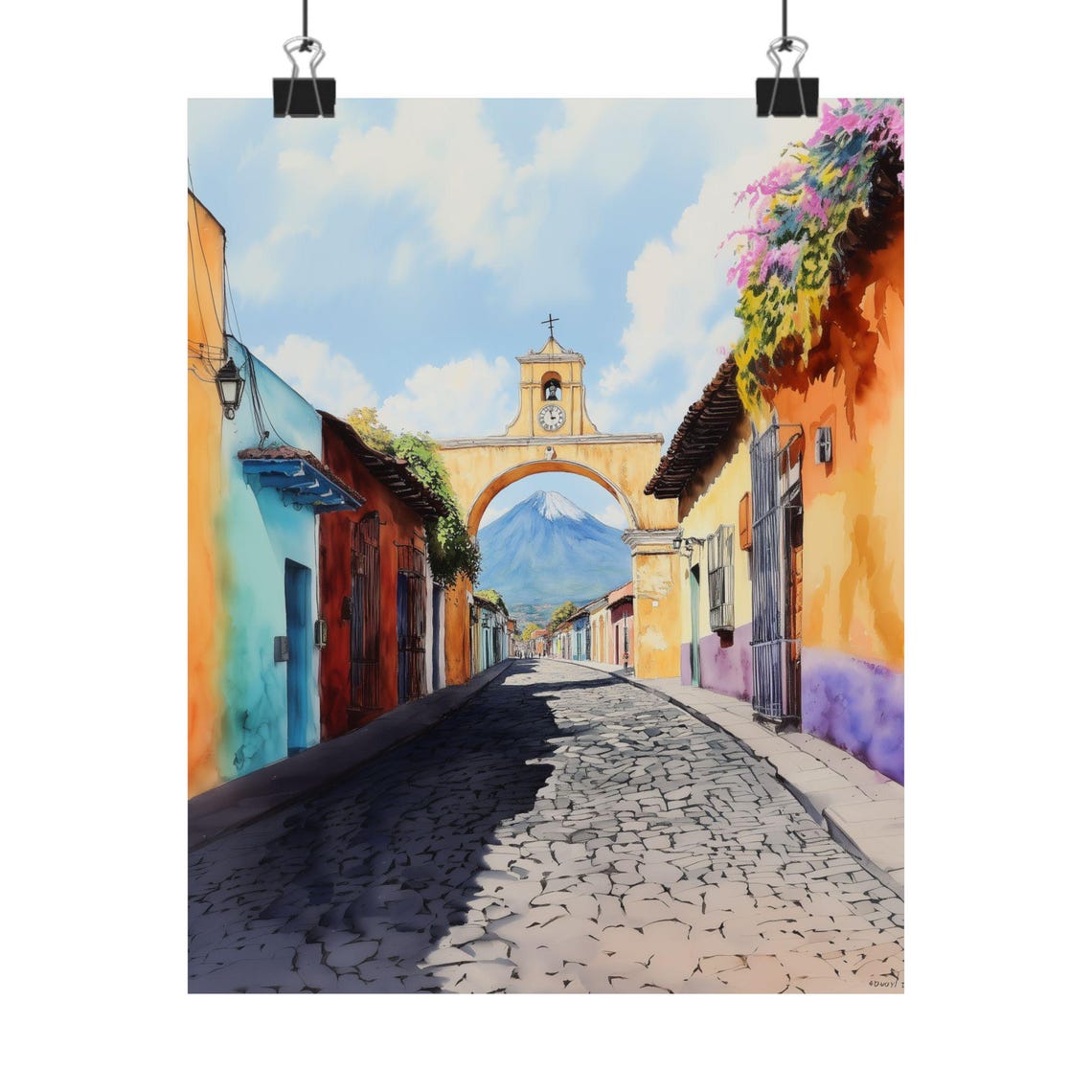 Santa Catalina Arch Cobblestone Street Antigua Watercolor Poster