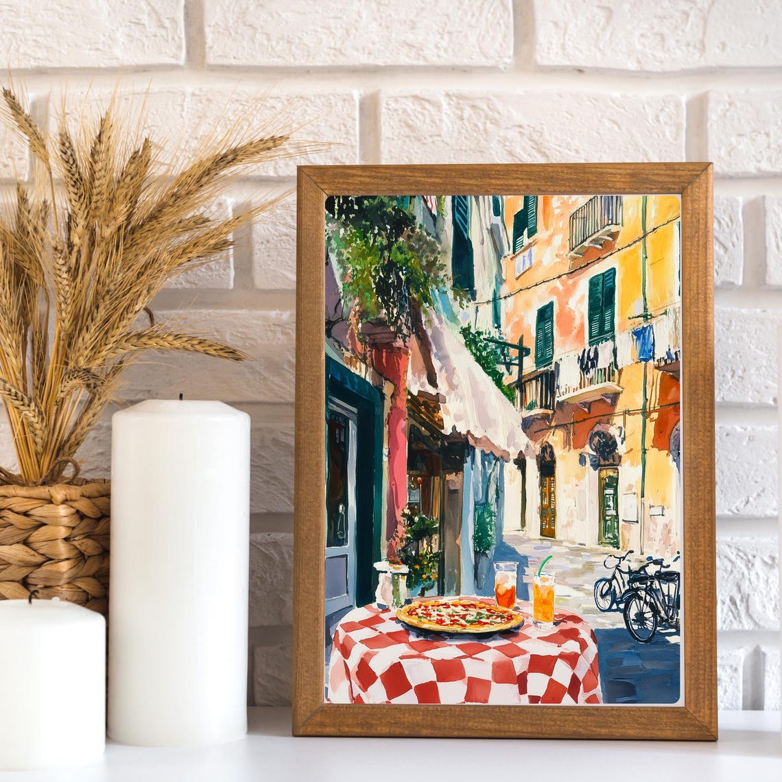 Naples Trattoria Pizza Served on a Checkered Tablecloth Print - Image 2