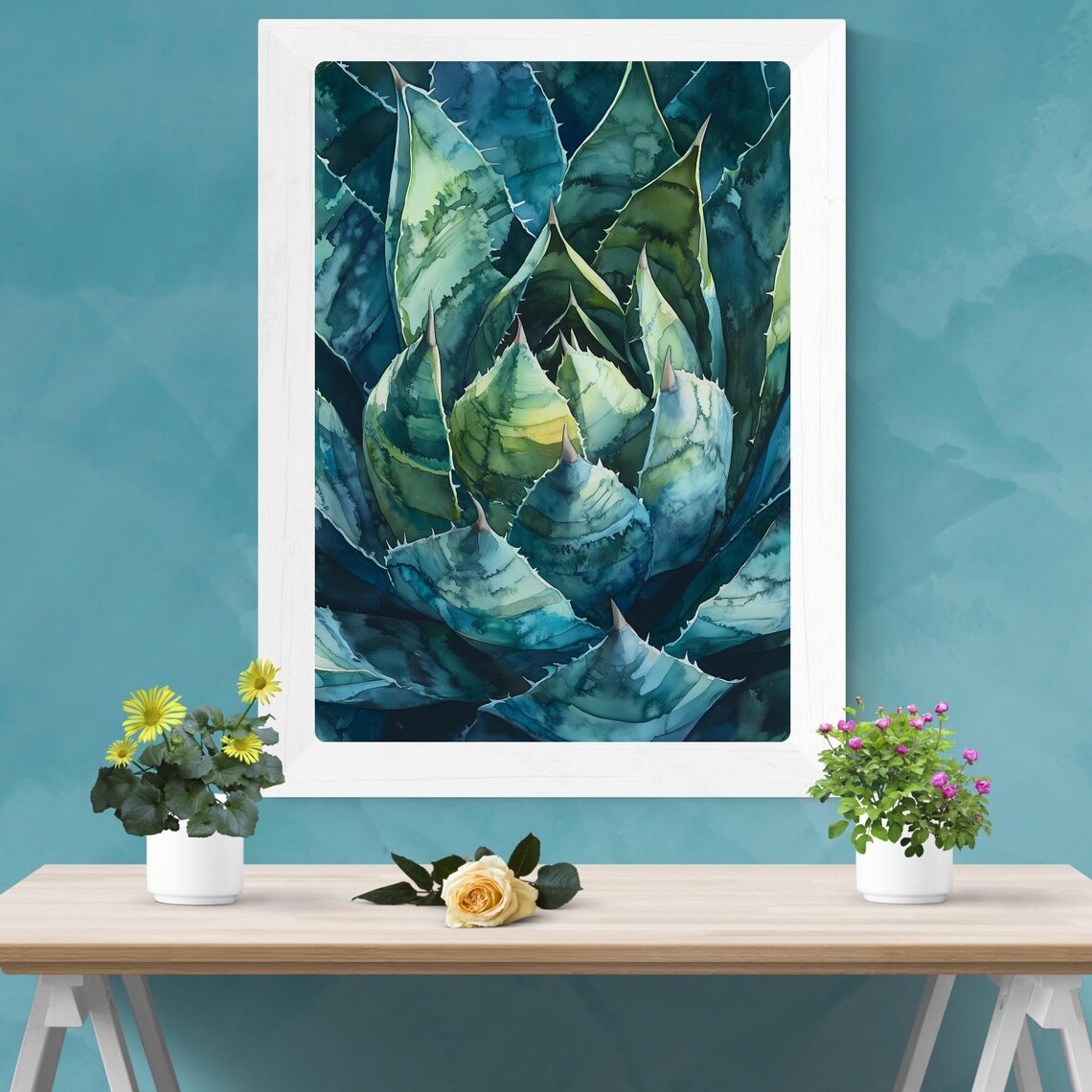 Agave Heart Close Up Blue Green Watercolor Succulent Art Print - Image 3