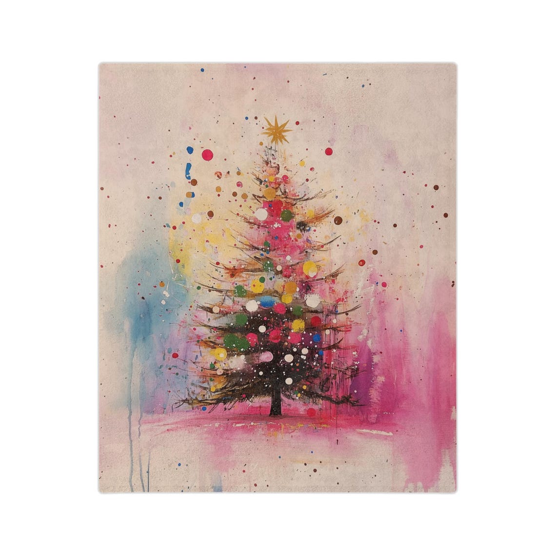Colorful Watercolor Christmas Tree with Golden Star Art Print