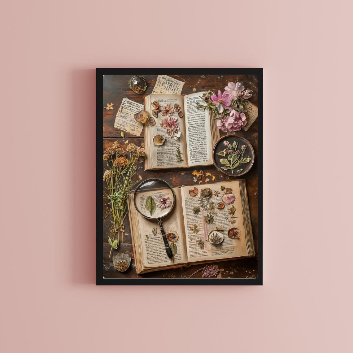 Vintage Botanical Herbarium with Pressed Flowers Open Books Poster - Image 2