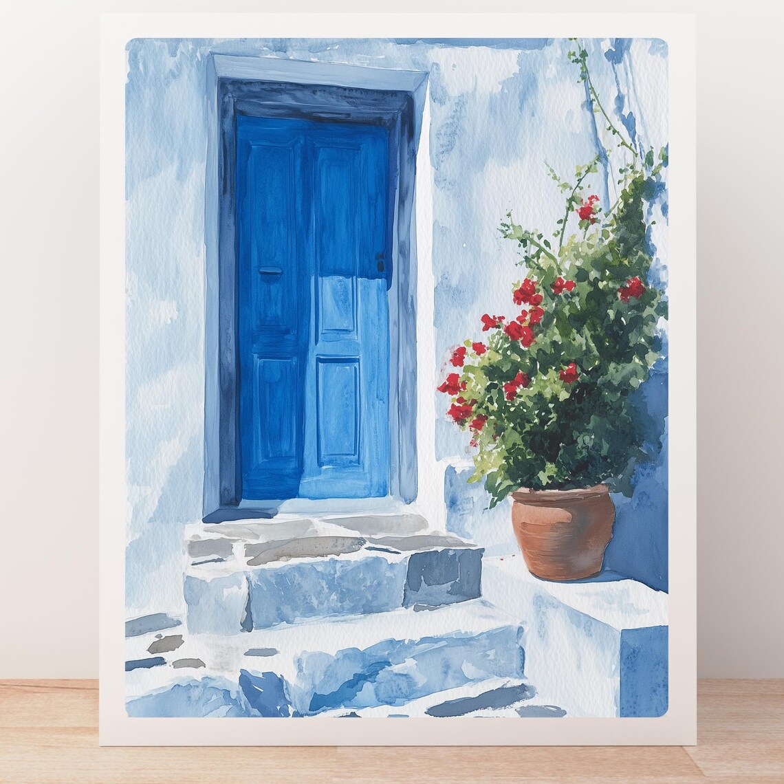 Greek Blue Door Red Flowers Santorini Style Watercolor Poster - Image 5