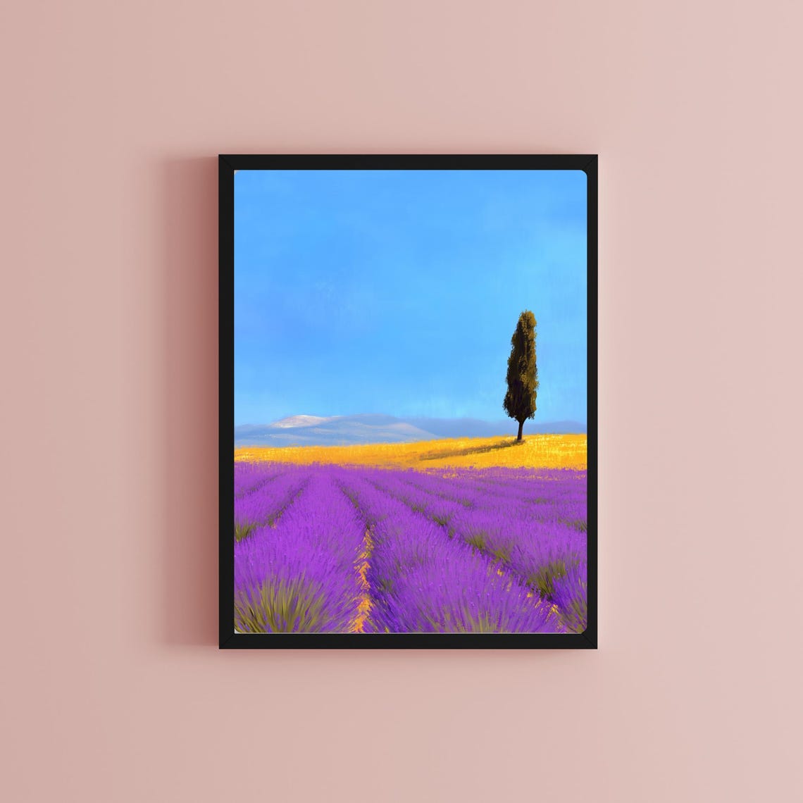 Provence Lavender Field with a Single Cypress Tree at Dusk Print - Image 2