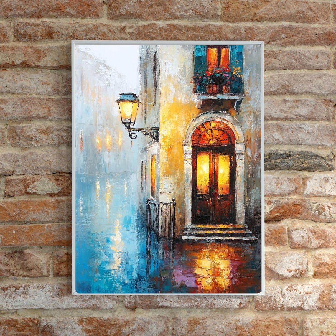 Venice Doorway Night Rain Glowing Lamp Canal Reflection Oil Poster - Image 2