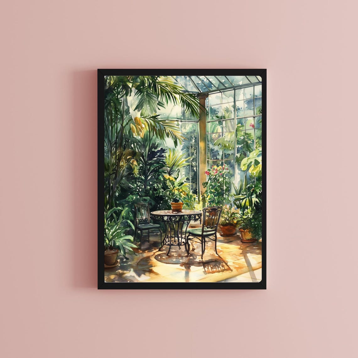 Sunlit Greenhouse Conservatory with Table Chairs Watercolor Poster - Image 2