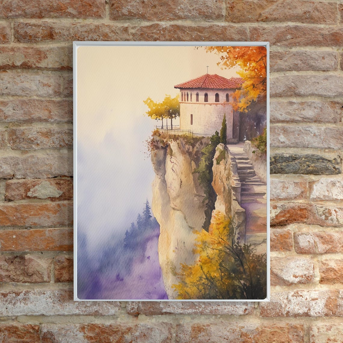 Cliffside Monastery Chapel in Golden Autumn Mist Watercolor Poster - Image 3