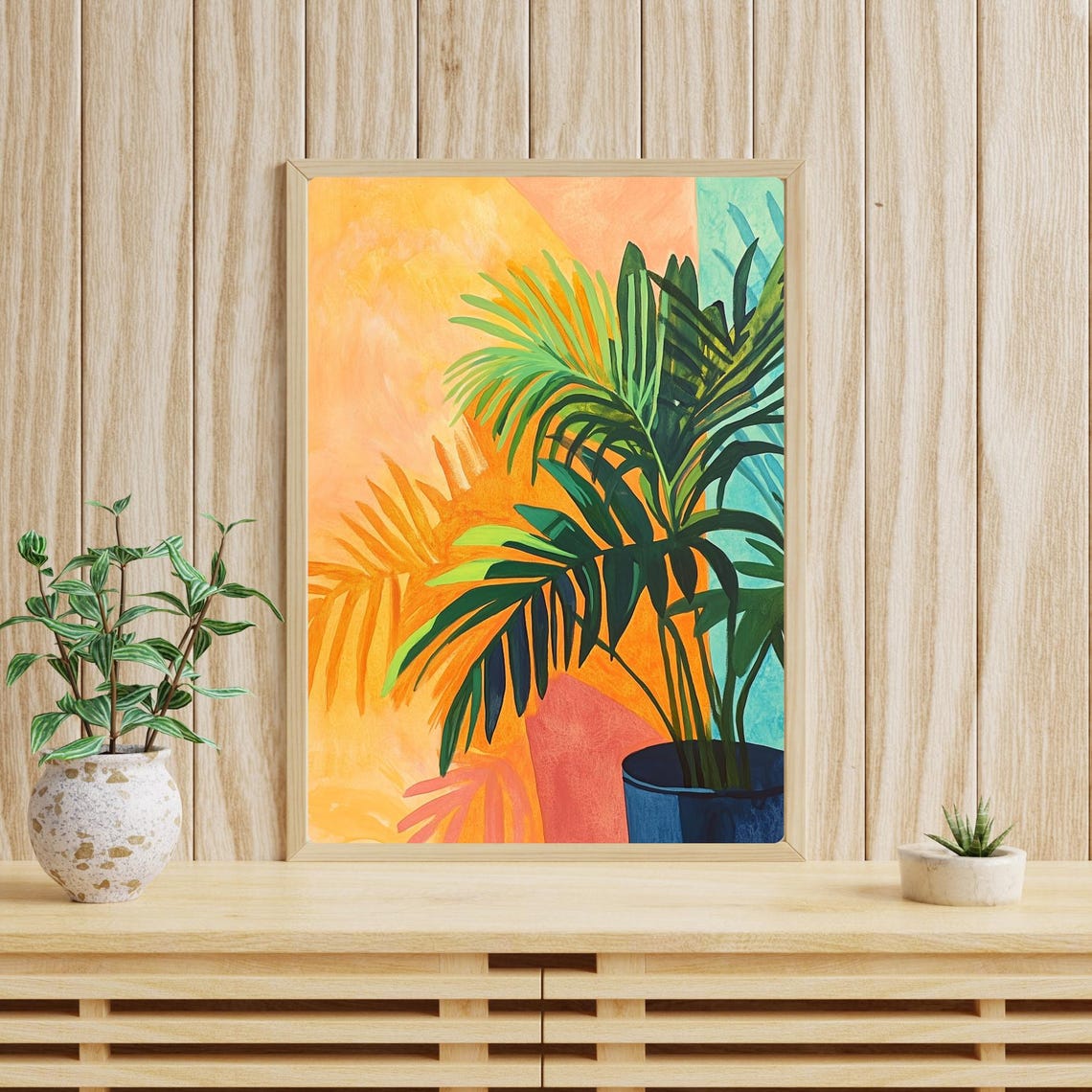 Potted Palm Fronds Casting Shadows on a Bright Orange Wall Poster - Image 3