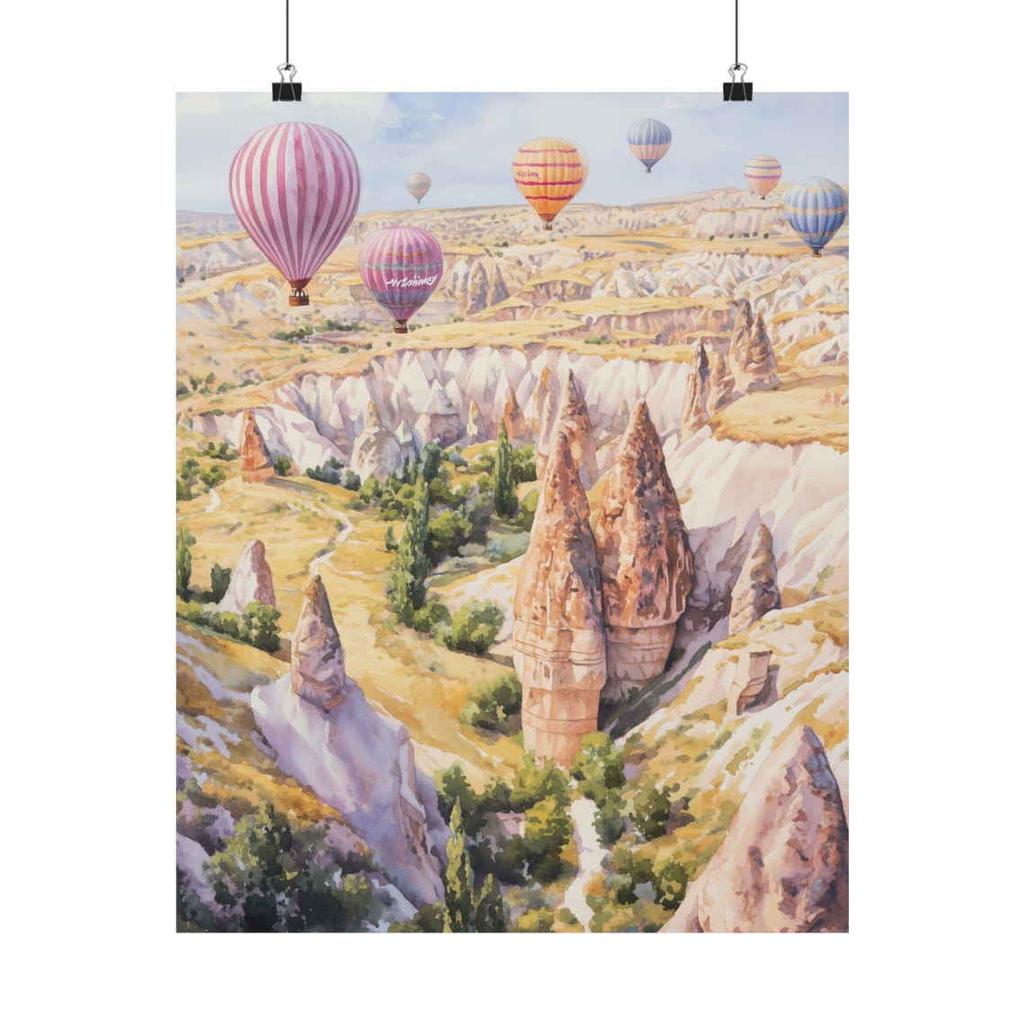 Cappadocia Hot Air Balloons Fairy Chimneys Valley Watercolor Poster