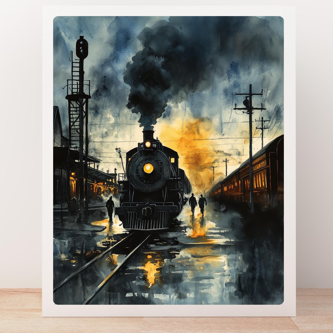 Steam Locomotive Departing a Rainy Night Railway Station Poster - Image 5