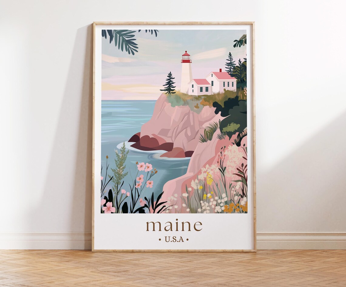 Maine Coastal Scenery Travel Poster, State Landmarks