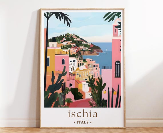 Ischia Island Italy Poster Coastal Italian Travel Art Mediterranean Village Wall Print Bright Seaside Illustration