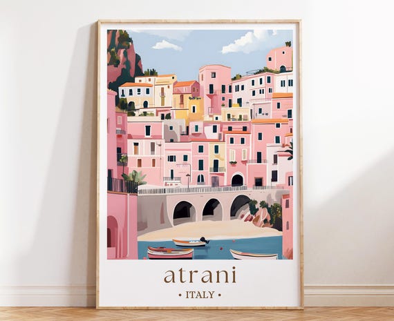 Atrani Italy Wall Art Amalfi Coast Travel Poster Italian Seaside Village Print Colorful Coastal Decor Europe Illustration