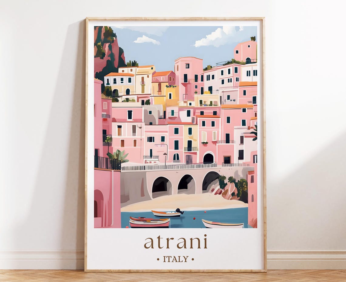 Atrani Italy Amalfi Coast Pink Cliffside Village Boats Poster