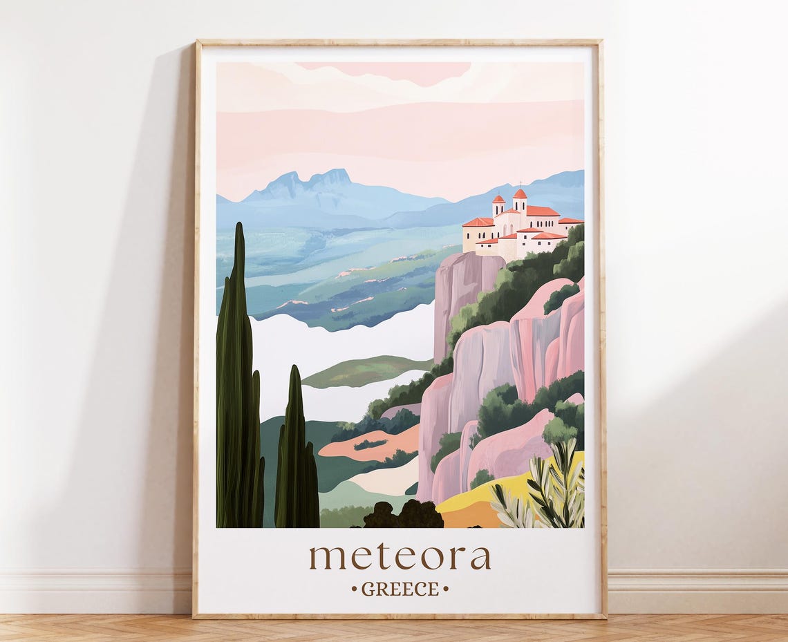 Meteora Greece Cliffside Monastery Illustrated Travel Poster