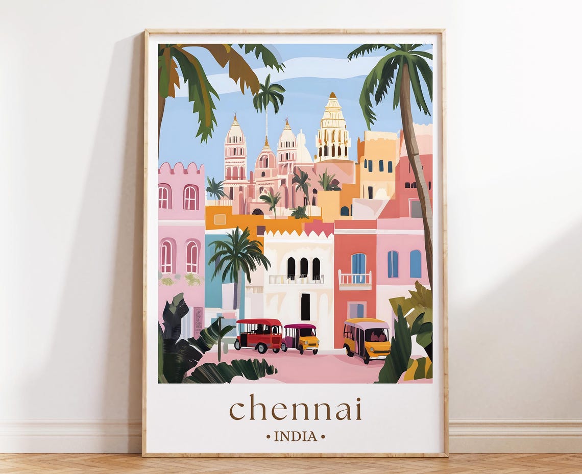 Chennai India Colorful Temple Street Auto Rickshaw Travel Poster