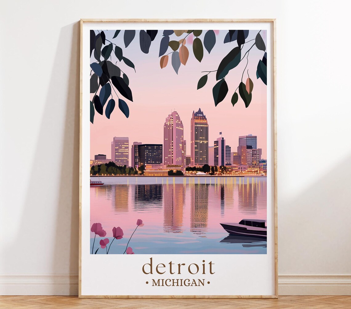 Detroit Skyline Dusk Travel Poster, Urban Nightscape