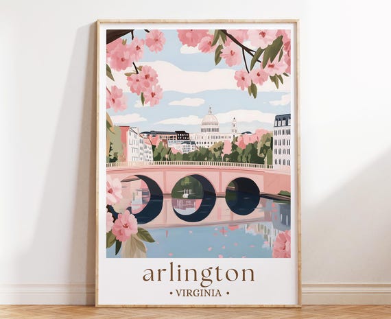 Arlington Virginia Art Washington Dc Suburb Print Travel Poster Cherry Blossom Cityscape East Coast Home Decor