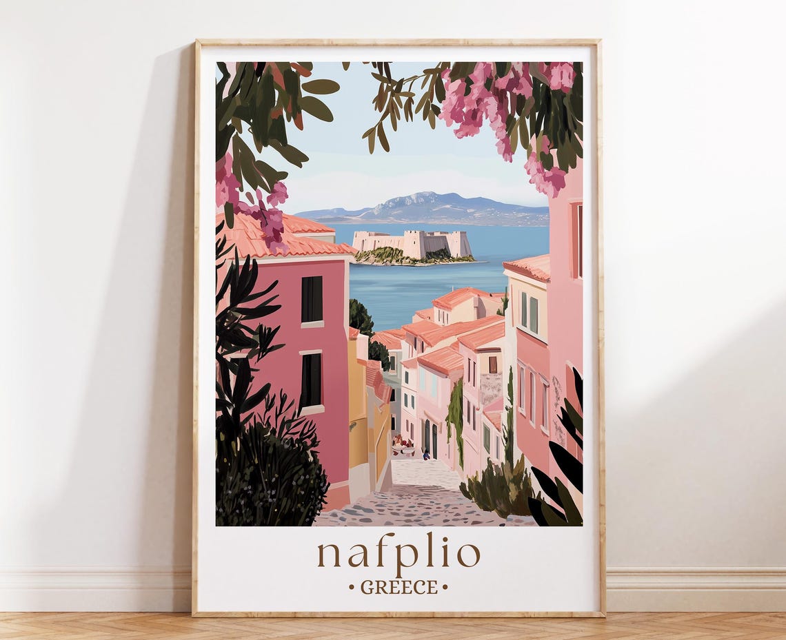 Nafplio Greece Poster Pink Lane Bay Castle Islet Mediterranean View