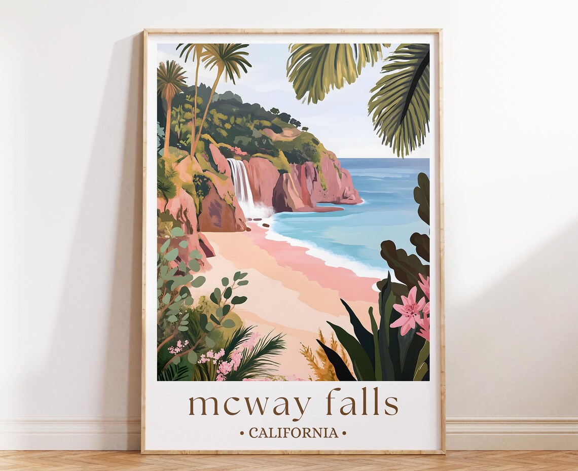 McWay Falls California Big Sur Waterfall Beach Illustrated Travel Poster