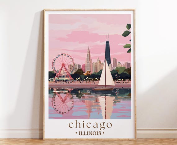 Chicago Skyline Travel Poster, Modern Cityscape Print