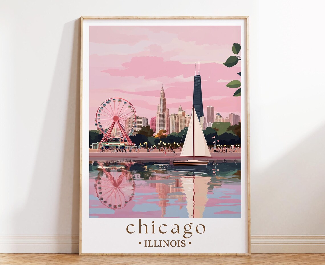 Chicago Skyline Travel Poster, Modern Cityscape Print