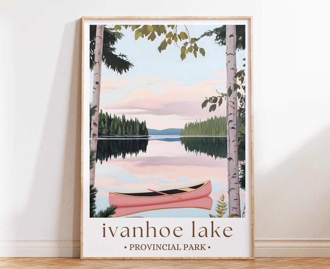 Ivanhoe Lake Provincial Park Canoe at Sunset Illustrated Travel Poster