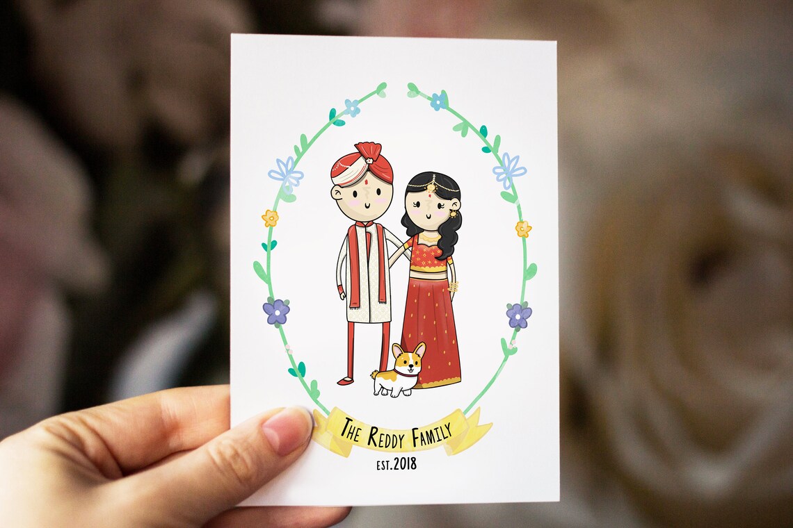 Custom Cartoon Indian Wedding Couple Portrait with Corgi Dog Poster