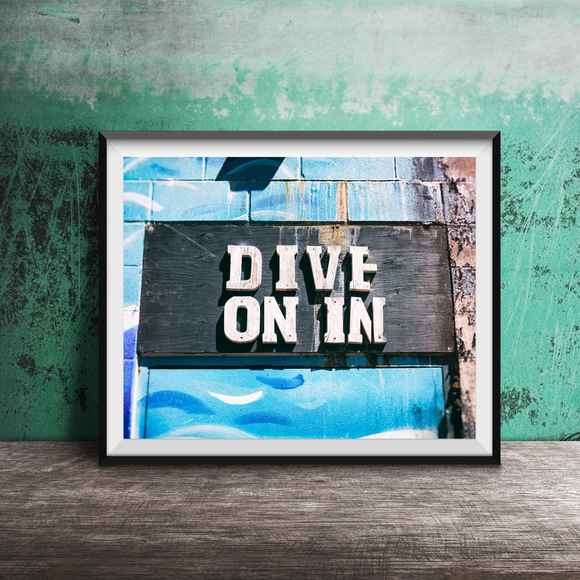 Dive On In Chunky White Wood Letters On Blue Brick Wall Poster