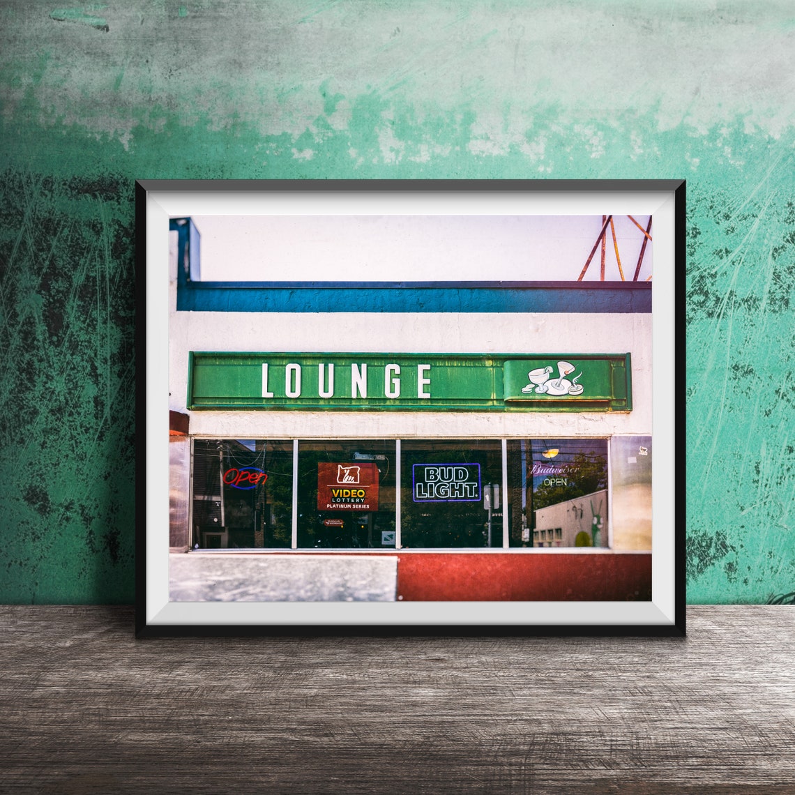 Lounge Green Storefront Cocktail Bar Neon Sign Photography Poster