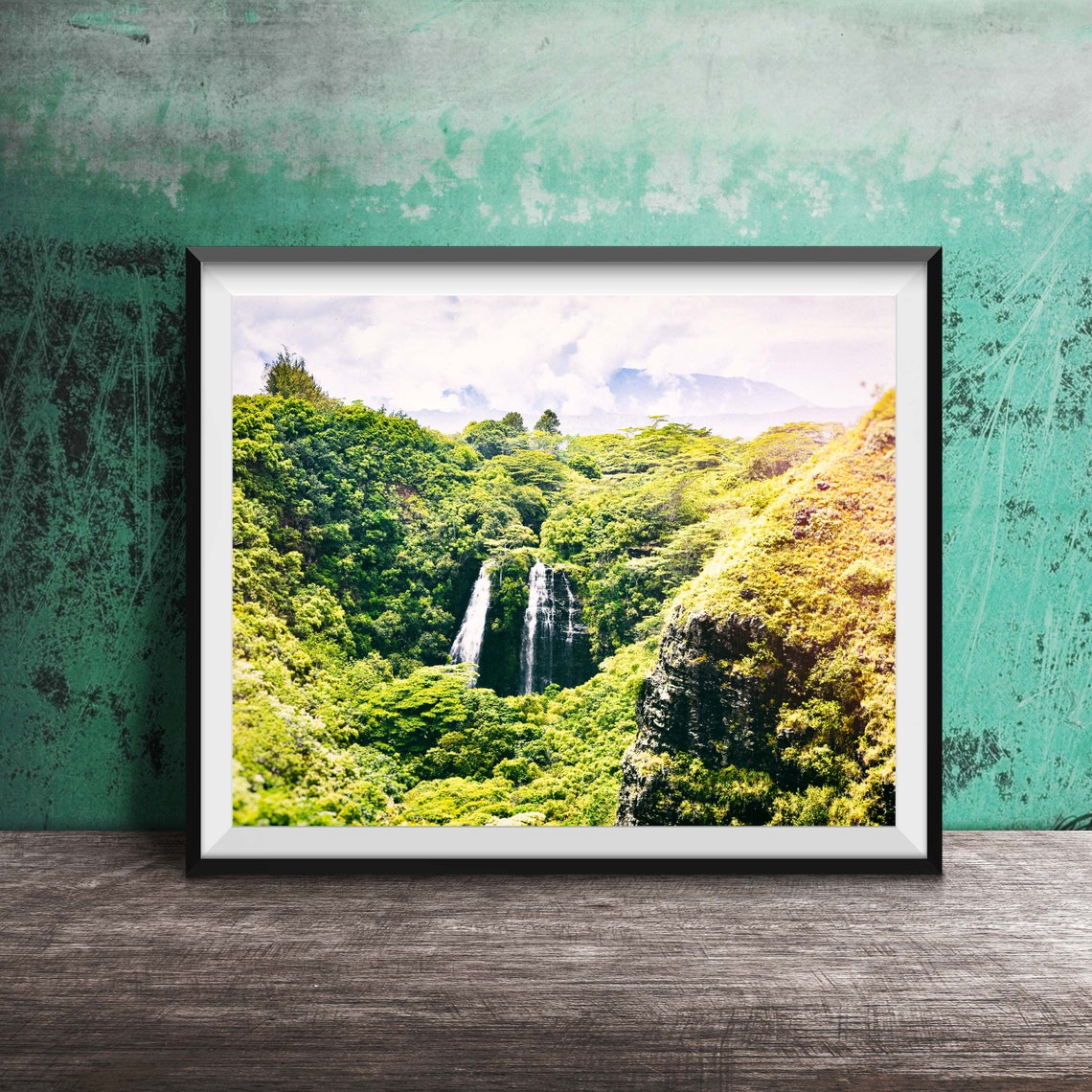 Kauai Hawaii Waterfall in Lush Green Valley Rainforest Photo Poster
