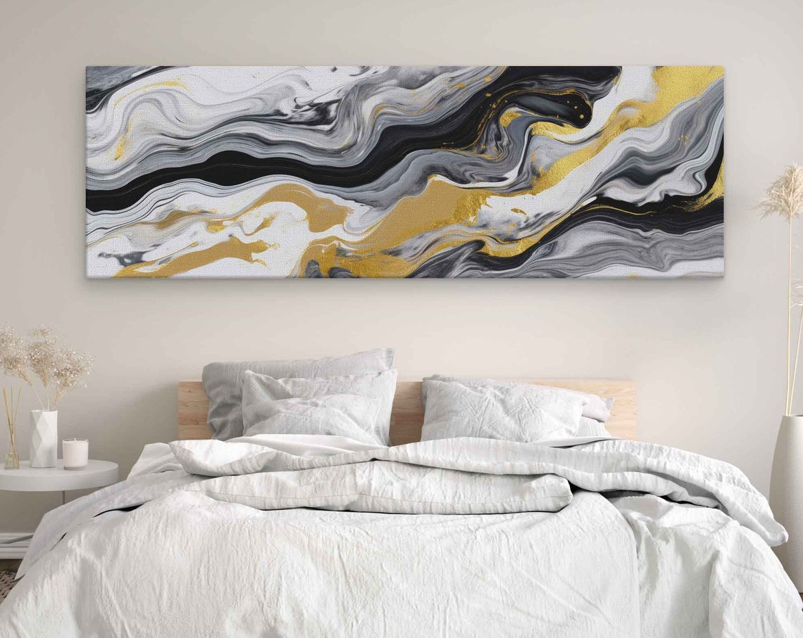 Black White Gold Panoramic Marble Swirl Abstract Wall Art Poster