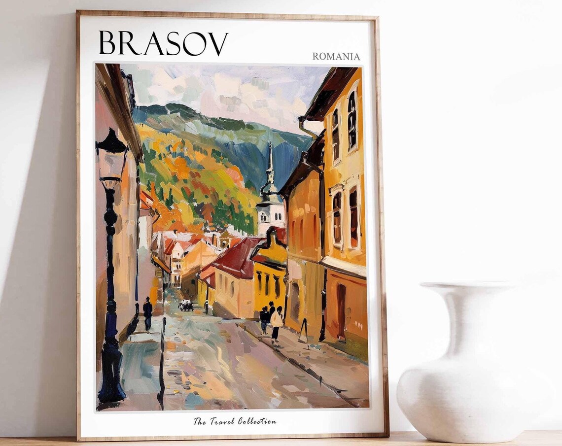Brasov Romania Old Town Street Autumn Mountain View Art Poster