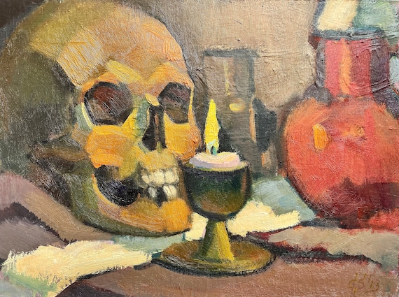 Original Skull Candlelight Oil Painting Dark Academia Still Life Art