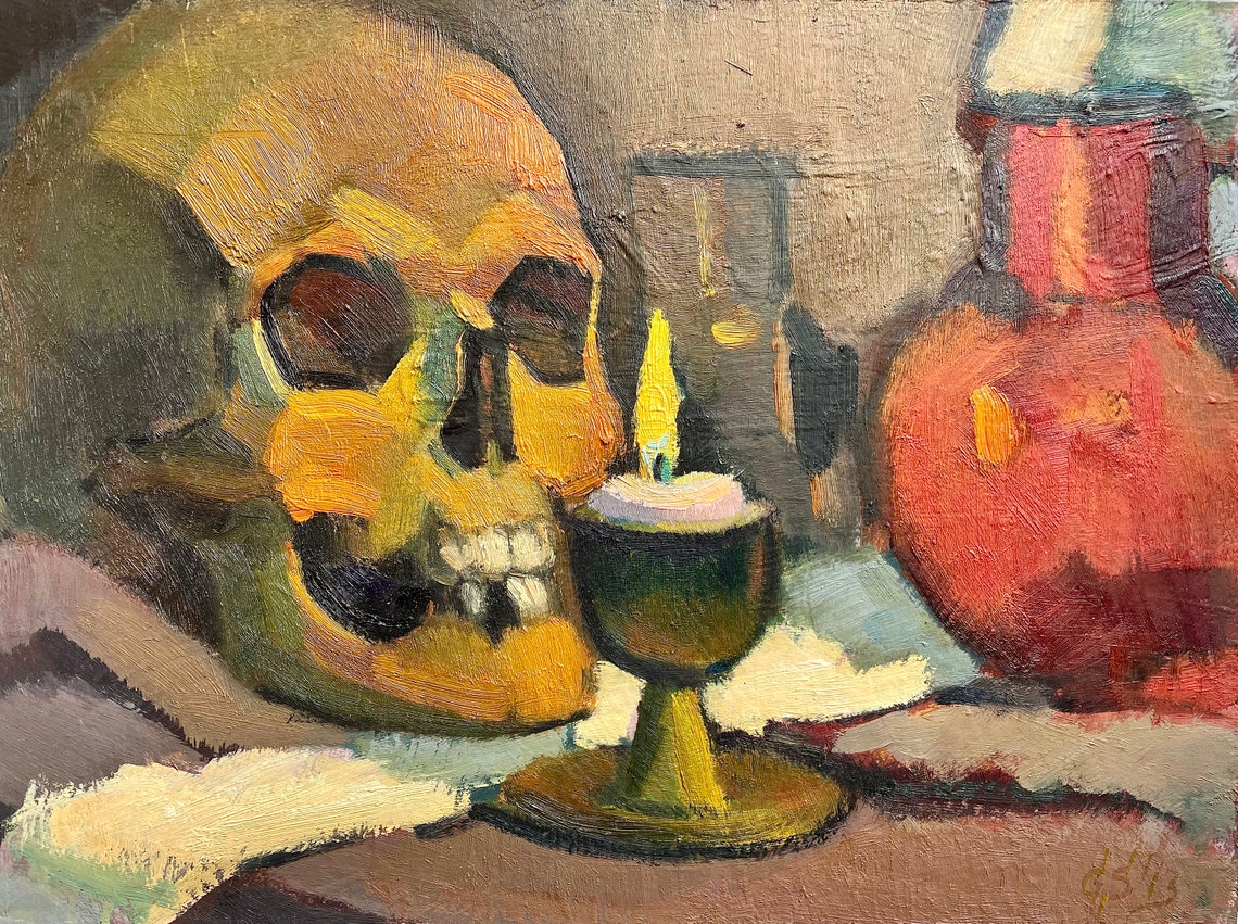 Original Skull Candlelight Oil Painting Dark Academia Still Life Art