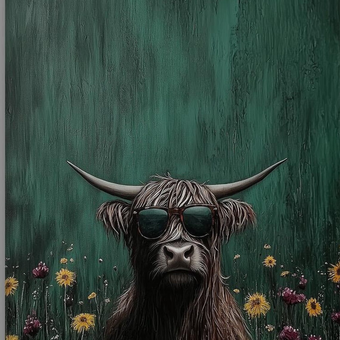 Funny Highland Cow With Sunglasses in Wildflowers Humor Art Poster