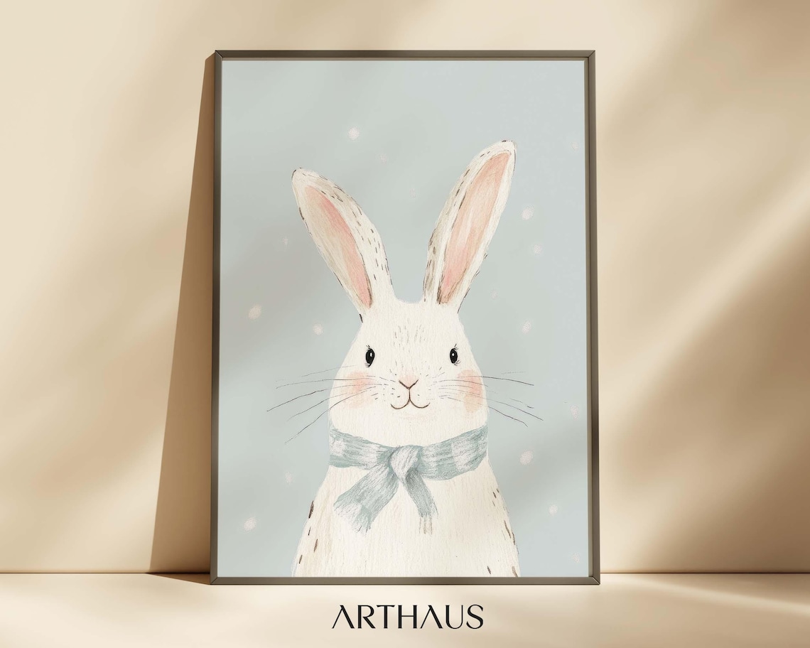 Cute White Bunny in Blue Scarf Pastel Nursery Kids Room Wall Art