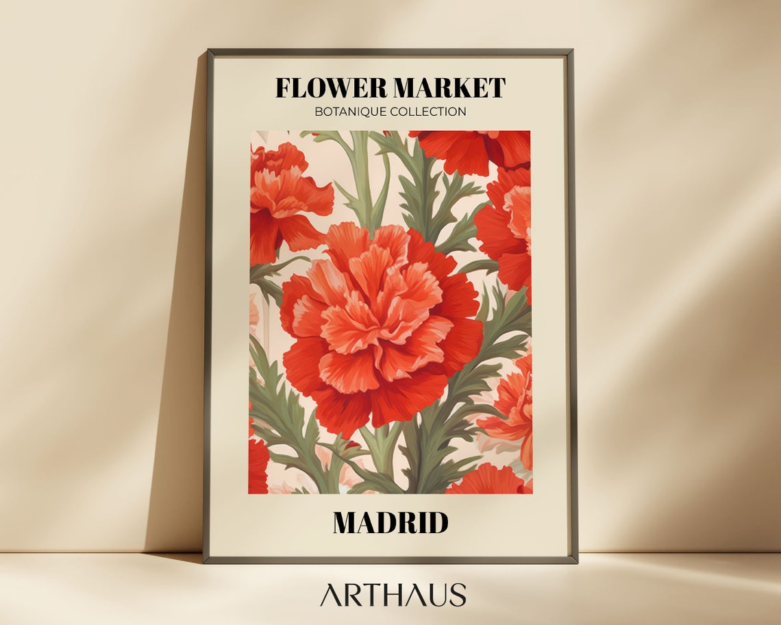 Flower Market Madrid Botanical Red Carnation Floral Art Poster