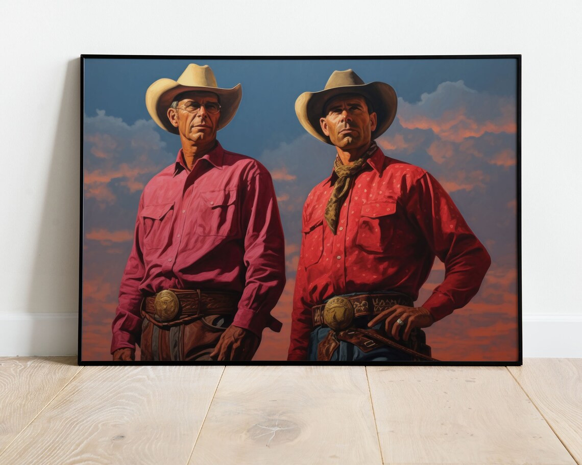 Two Cowboys at Sunset Western Frontier Painting Style Art Poster - Image 3