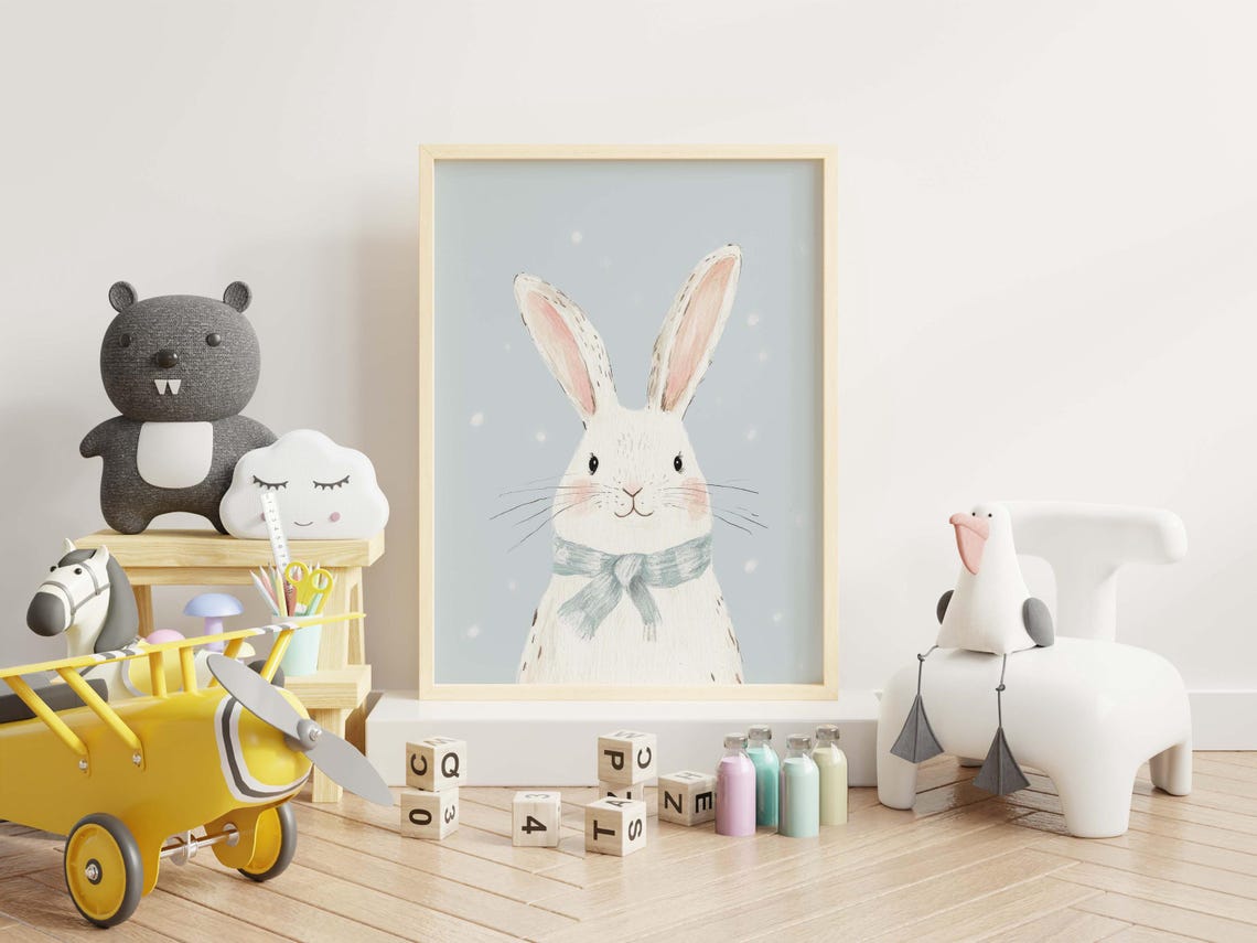 Cute White Bunny in Blue Scarf Pastel Nursery Kids Room Wall Art - Image 3