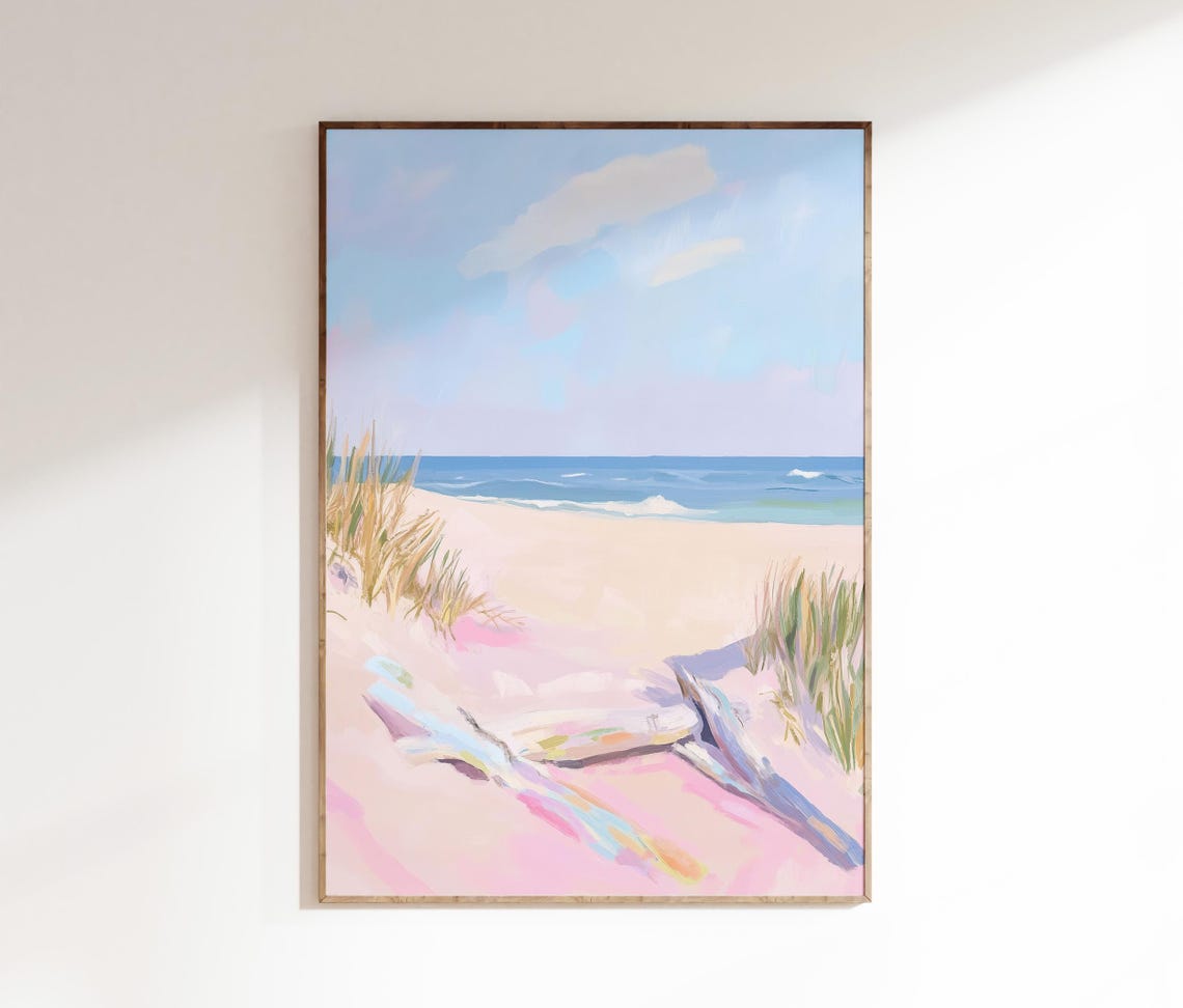 Pastel Beach Dunes With Beach Grass Driftwood Pink Sand Art Poster