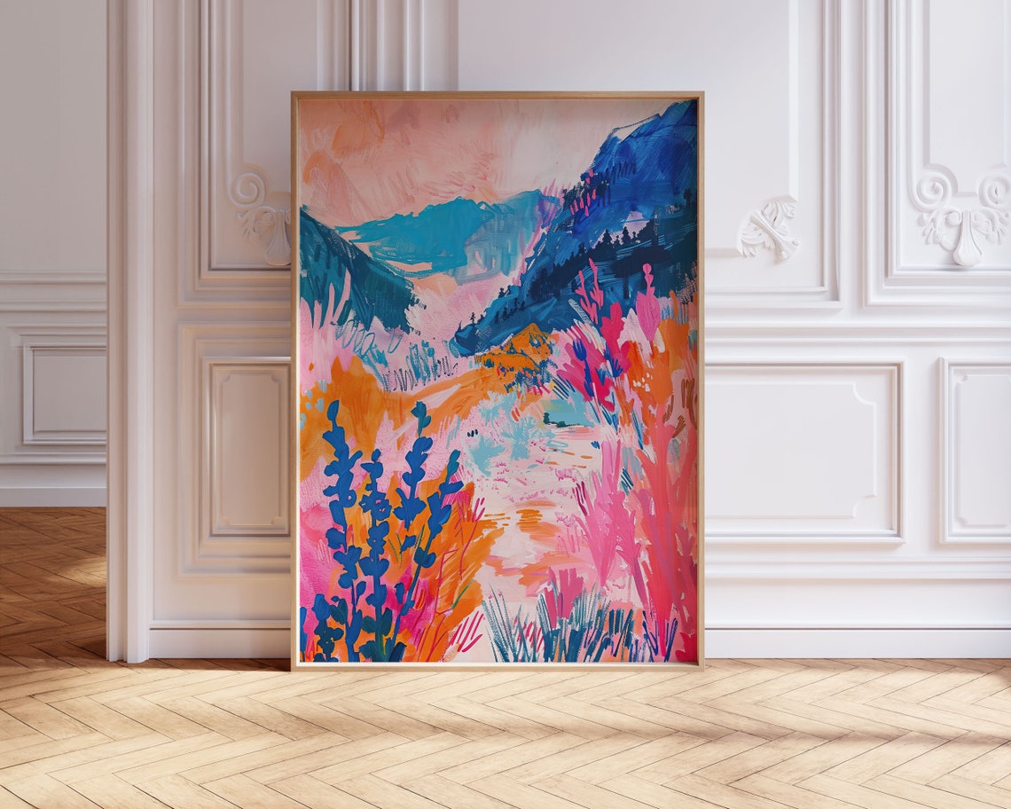 Pink Blue Mountain Wildflower Abstract Landscape Dopamine Art Print - Image 3