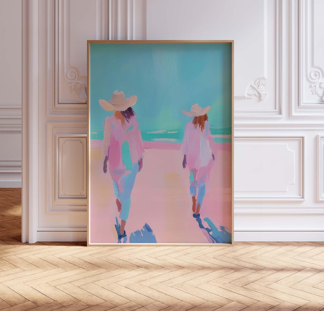 Two Coastal Cowgirl Hat Walkers Pastel Pink Beach Art Poster