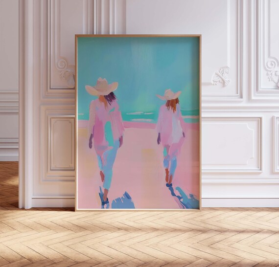Two Coastal Cowgirl Hat Walkers Pastel Pink Beach Art Poster