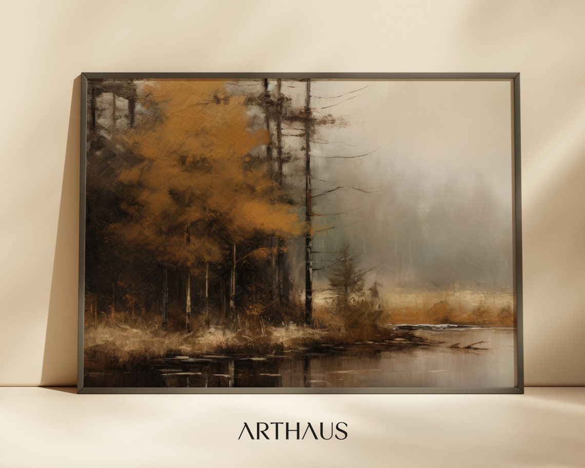 Moody Autumn Lake Golden Trees Foggy Forest Lakeside Art Poster
