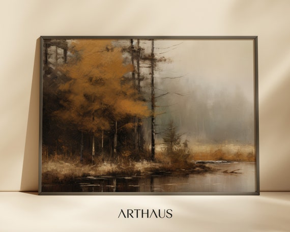Moody Autumn Lake Painting Rustic Fall Decor Print Neutral Landscape Wall Art
