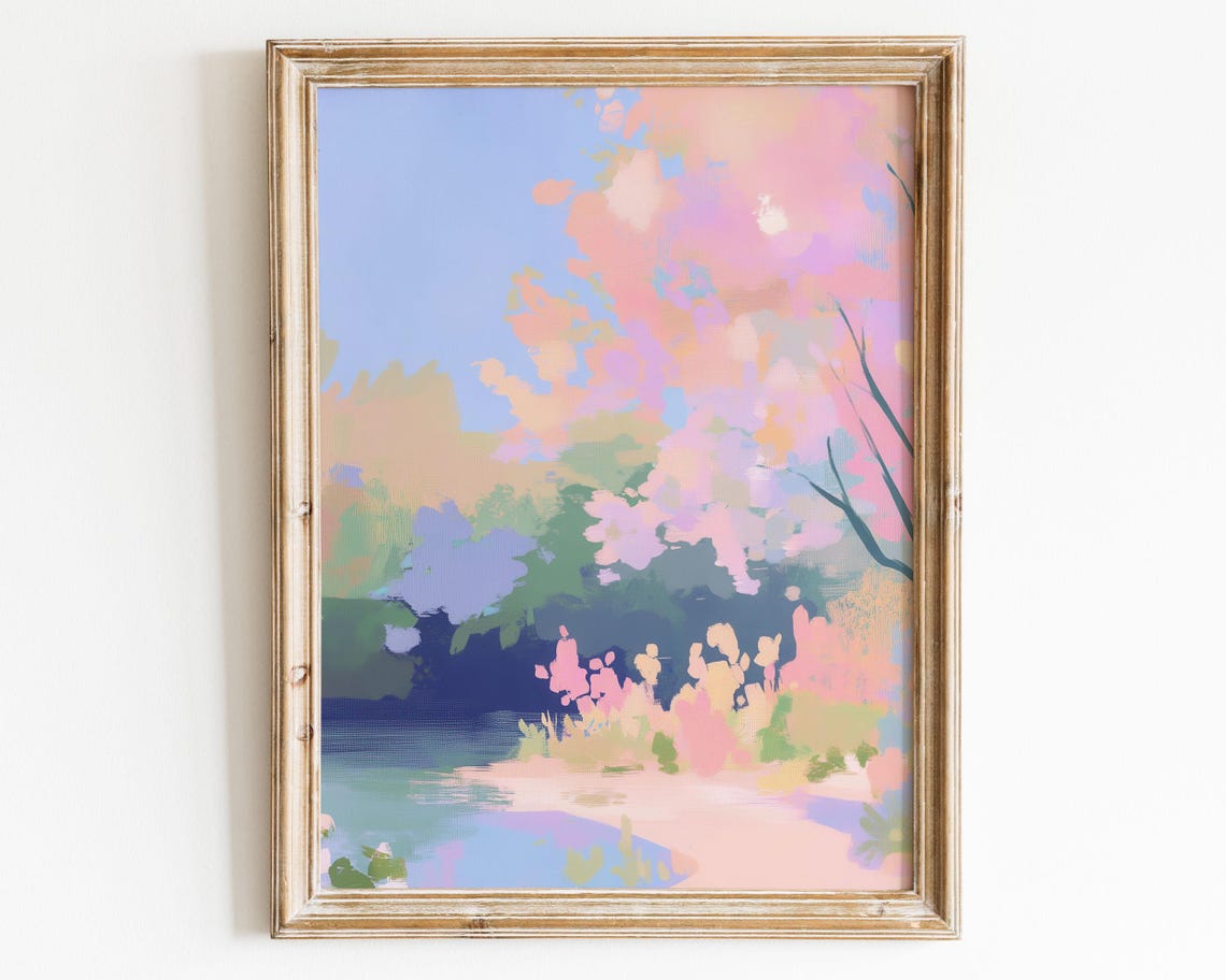 Pastel Spring Blossom Lake Soft Pink Trees Dreamy Nature Scene Poster